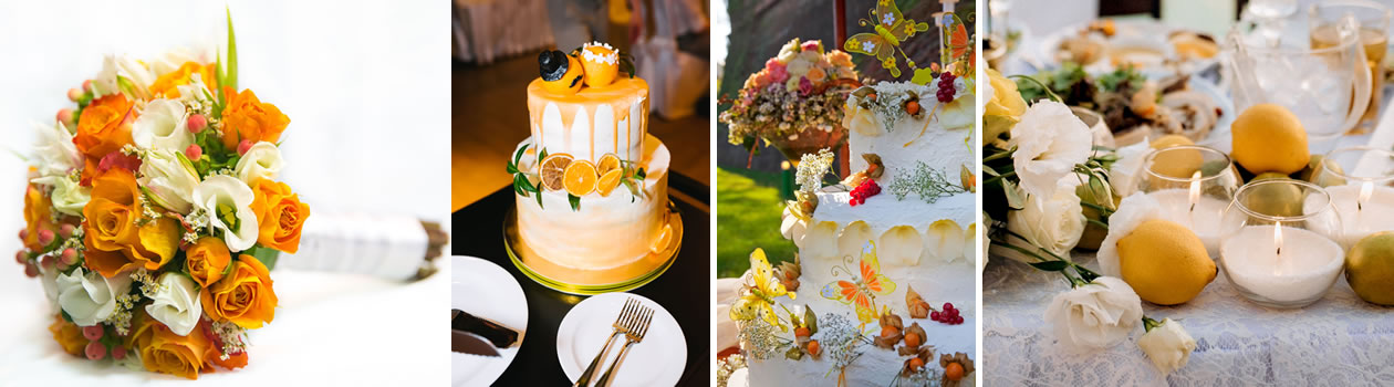 Une décoration de mariage autour de jaune et orange dorés, aux zests d'agrumes.