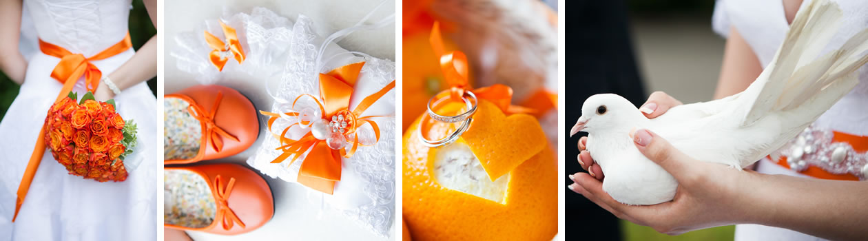 Une thématique de mariage aux teintes orange vif : du bouquet de la mariée au coussin des alliances...